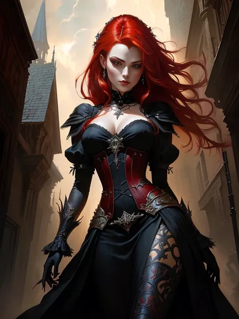 Close-up of a woman with red hair in a dress, gothic fantasy art, Dark fantasy art, Dark Fantasy Art, in style of Dark Fantasy Art, dark fantasy horror art, Karol Bak Oud, fantasy victorian art, Stylized urban fantasy art, Raymond Swanland&#39;s style, fan...