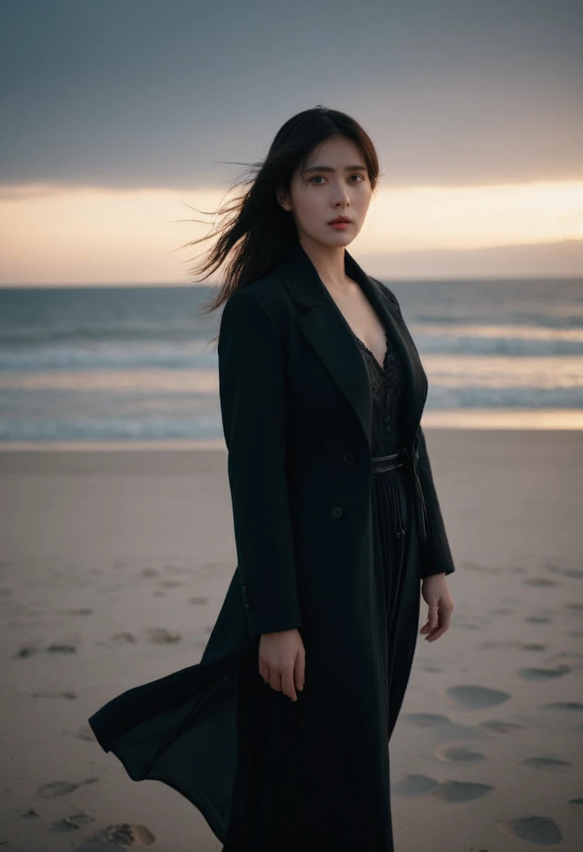 cinematic photo {sll,1girl,solo,beach,wind,looking at viewer,short coat,long dress,dusk,upper body,} . 35mm photograph,realistic...