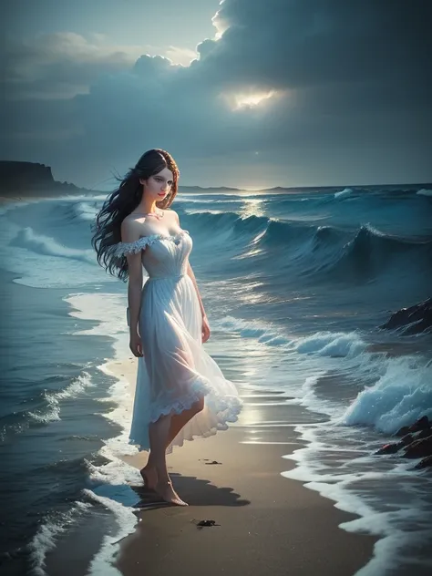 Beautiful British woman in her 30s in a white dress standing on a rough beach, A dazed expression、Surreal photos of the beach, Spooky sky、Photo Editing, Fantasy Photography, Photo by Alexei Grilev, Beauty, Photo: Alexei Kurylev, Inspired by Irakli Nadar, P...