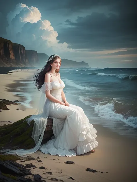 Beautiful British woman in her 30s in a white dress standing on a rough beach, A dazed expression、Surreal photos of the beach, Spooky sky、Photo Editing, Fantasy Photography, Photo by Alexei Grilev, Beauty, Photo: Alexei Kurylev, Inspired by Irakli Nadar, P...