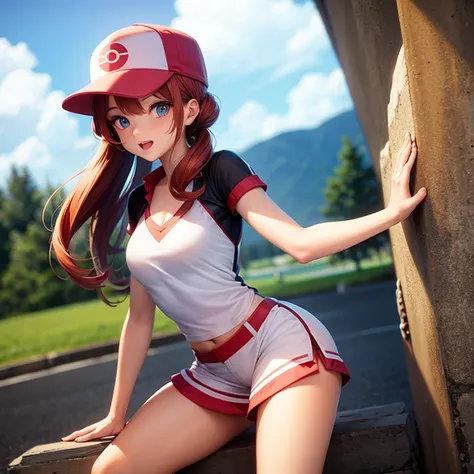 Cute female pokemon trainer, redhair, skinny and short, holding pokeball