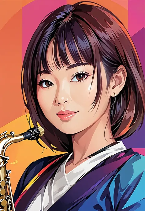 WPAP Style, a close up of a japanese woman playing a saxophone on a colorful background, vector art style, saxophone, in style of digital illustration, extremely high quality artwork, vector art, vector artwork, high quality portrait,  digital art illustra...