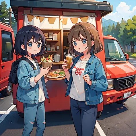 Girls traveling across Japan in a camper　Having an outdoor meal on the road　Denim jacket and jeans　