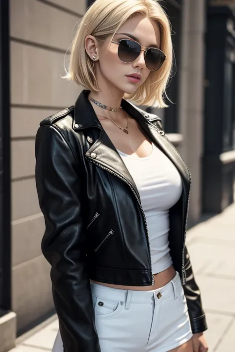 Very beautiful young woman, blonde, short disheveled hair, piercing, pigmented freckles, dark rimless sunglasses, short leather jacket, White Top, модные джинсы 👖 кроссовки, Stylish, erotic figure, Beautiful elastic breasts, photorealism, super quality, Su...