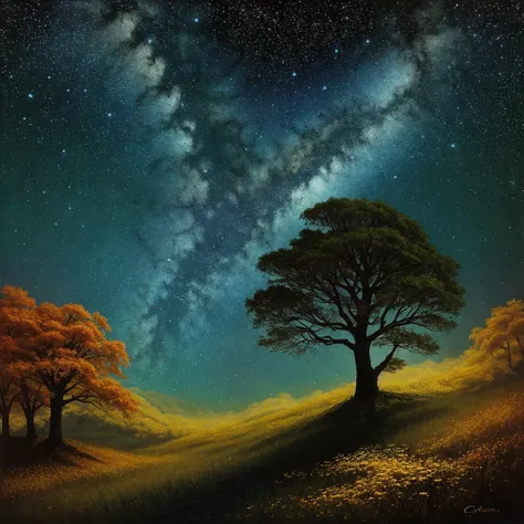 Description of the work:
Imagine uma paisagem celestial onde os elementos da natureza se fundem em perfeita harmonia. in the center of the composition, There is a majestic tree with golden leaves that shine like stars. The tree&#39;s branches stretch grace...