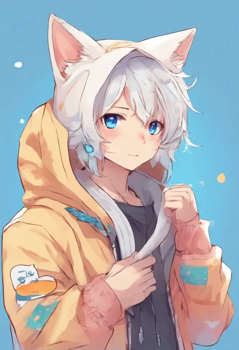 adult Male neko wearing a soft cute outfit, has bright blue eyes and long white hair, wearing black hoodie