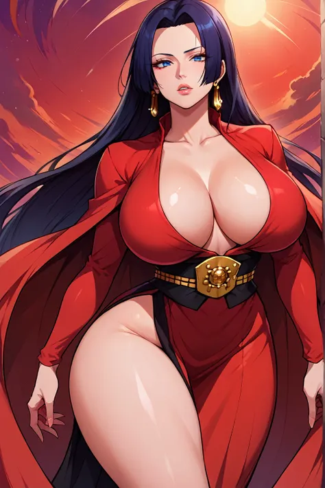 1girl, boa_hancock, breasts, long_hair, jewelry, black_hair, earrings, large_breasts, solo, dress, thighs, looking_at_viewer, red_dress, parted_lips, collarbone, black_eyes, cleavage, cape, long_sleeves