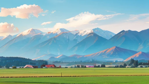 farmlands, mountains,clouds