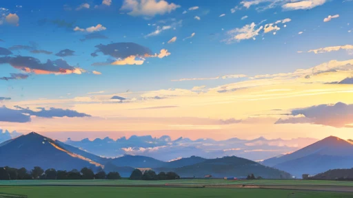 farmlands, mountains,clouds