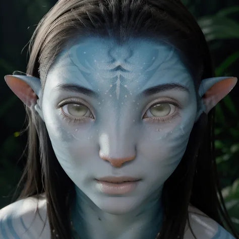 avatar style, (face portrait:1.6), naavi, 1girl, asian female, red eyes, ((eyebrowless)), pointy ears, (white skin tone:1.0), (s...