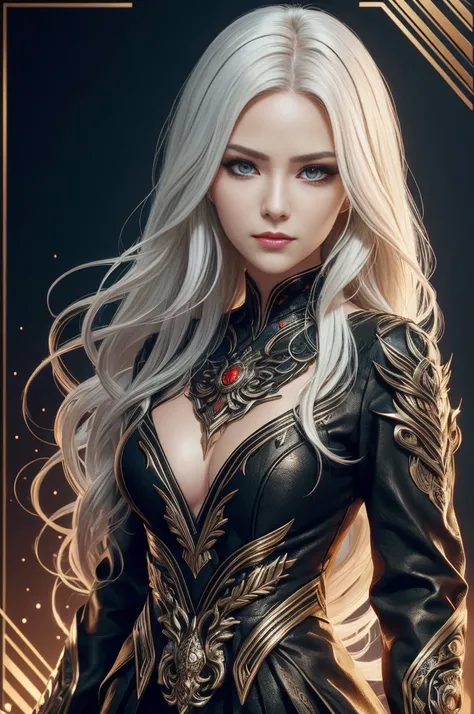 Portrait of a beautiful girl with wavy white hair, Wear a formal black dress with metallic parts, Red Eyes, Letter combination on background, number, Dark, 8k, Intricate details, High quality, 复古future风格, Sharp focus on the center, Soft colors, Art Station...