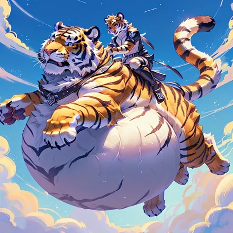 (a scared massive inflated bloated white feral tiger mount, tiger with red stripes, floating in the sky), (a scared anthro wolf warrior riding on the tiger mount), worried, fear, wolf