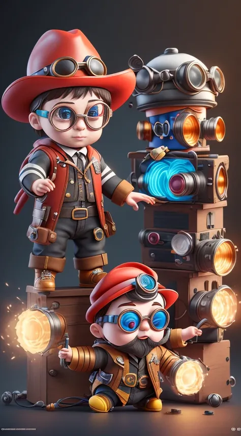 There was a toy with a hat and goggles, Ultra-detailed rendering, 4k octane rendering, Little People. Unreal Engine 5, Presenting in Corona, 3d 8k acetate rendering, Super detailed, 8k Octave Rendering Photo, Mechanical dolls, Popular on polycount,