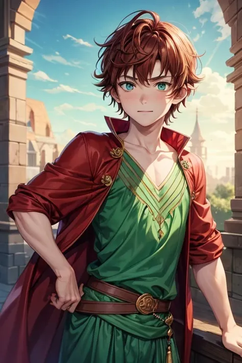 Hiccup Haddock boy with reddish brown hair with a spiky hairstyle with magi judal clothes dijinn clothes green eyes 