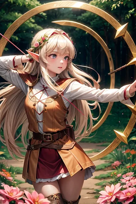 15 year old elf woman with long blonde hair, long messy hairstyle with fringes, pointed elf ears, medieval archer clothing with brown eyes holding a bow with red gems, pink flower decorations, brown boots, brown leather belt, decorations of flowers in the ...