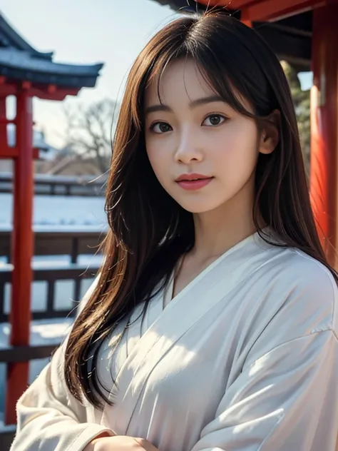 Close up portrait of one actress with long hair with bangs in beautiful glamorous kimono, going to worship at the shrine of Japan with a (shy smile) on her face, A shrine in Japan with a blue winter sky, Dark hair, (fullbody), BREAK, realism, natural light...