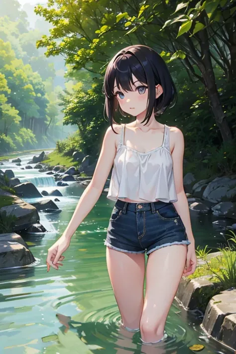 Riverside in the countryside、Beautiful girl playing in the river、13 years old、Lower body naked、Tank top