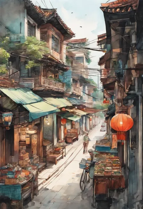 Watercolor and ink sketch of Urban life in Hanoi, Watercolor, trending on artstation, sharp focus, studio photo, intricate details, highly detailed, by greg rutkowski