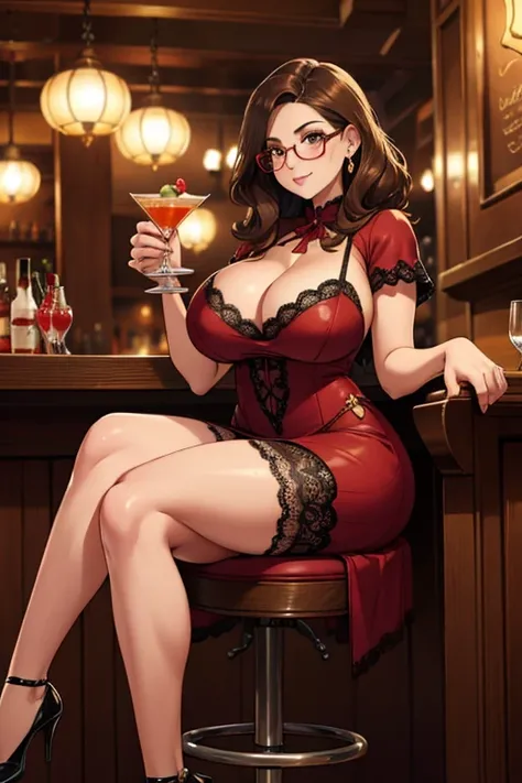 cute [[curvy]] busty girl, huge breasts, cleavage, light brown weavy hair, evening makeup, earrings, glasses, drinking fruit cocktail, lace dress, lace stockings, pumps shoes, sit in bar chair in fantasy medieval bar