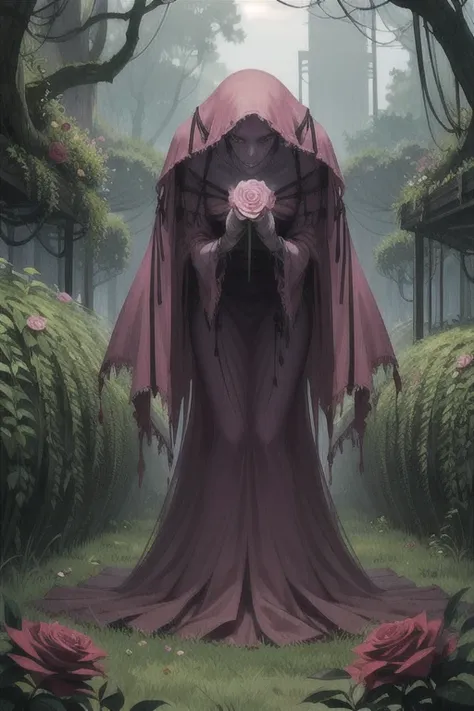 Overgrown hell life, modern day, abandoned garden, mutated, pink rose wraith creature, female spirit, pink skin,