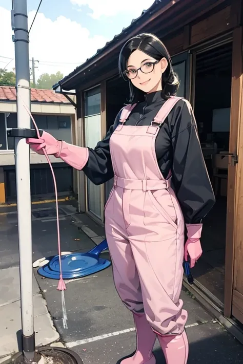 A mature woman with black hair and glasses wearing a blue long-sleeved overall, pink long rubber gloves and white rubber boots, smiling gently while cleaning the station premises  