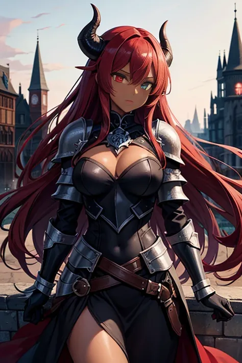 Black rose knight, rare, beast maiden, armor, beautiful girl, long red hair, Heterochromia, dark skin, town,