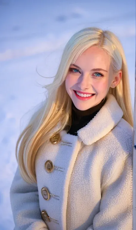 (masterpiece), (highest quality), One girl, (Perfect Face:1.2), (Beautiful Face:1.2), Platinum Blonde Hair, (From above, Upper Body:1.3), Happy, A light smile, View your viewers, Pause, 
winter coat, Outdoor, winter, snow, at night, Complex, Depth of writt...