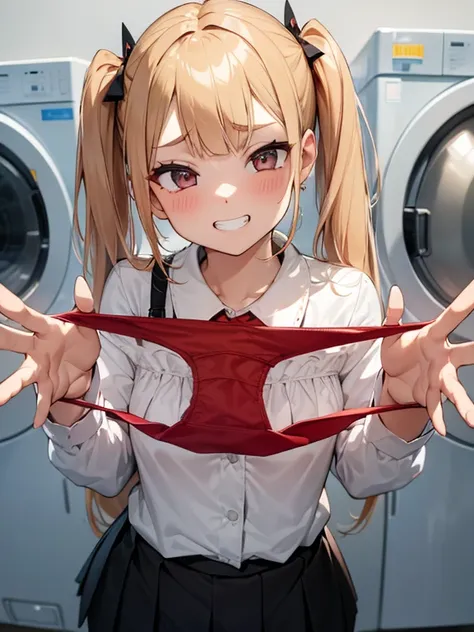 1girl,
Laundry room,laundry machine, laundry bascket, a few underwears are in a laundry bascket,
blonde hair, {{{half twin tail:1.3}}}、BREAK,red blush, Bow, Red bow, Long sleeves, Shirt, Collared shirt, Skirt, Pleated skirt, Black skirt, tiny chest,
{{{fac...