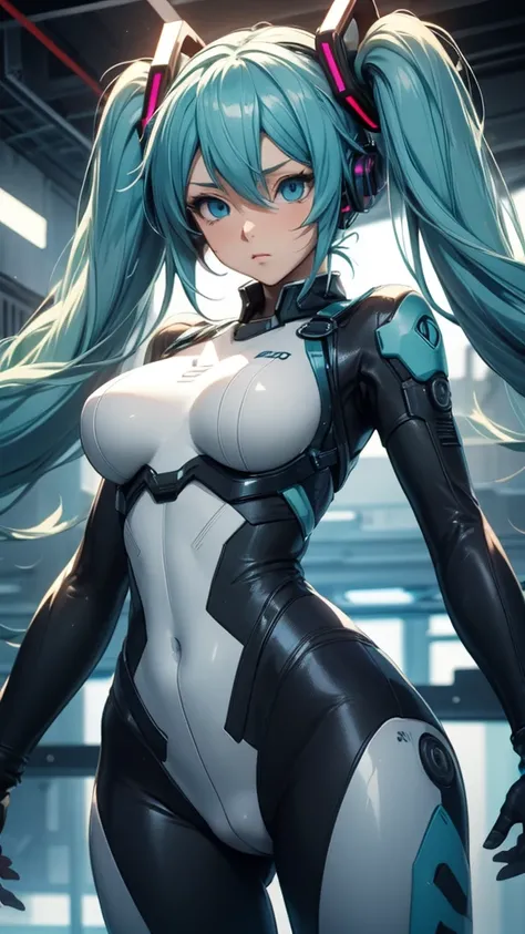 Hatsune Miku Vocaloid, Twin Tails, Light Blue Eyes, Light Blue Hair, Bodysuit, Cyber punk, Ultimate Physical Beauty, Beautiful Eyes, big breasts, embarrassed look , Bigchest, 8K CG, Top Quality, Best Image Quality,