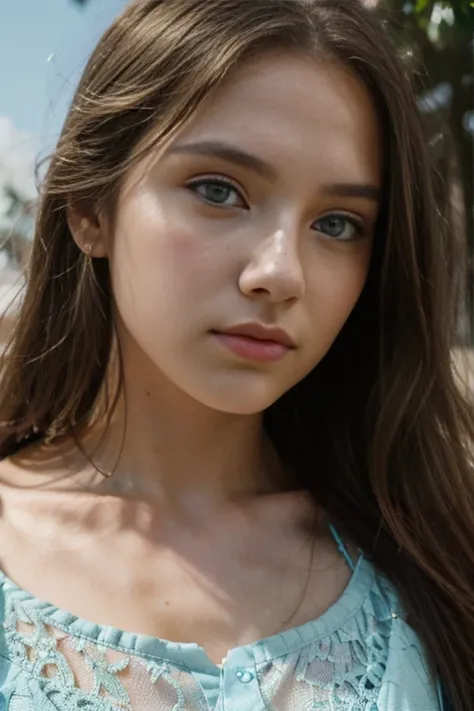 15-year-old woman, beautiful, long hair,pastel blue eyes , facing at camera, close up shot , cinematic lighting, masterpiece, best quality, lots of lights, sunshine ,