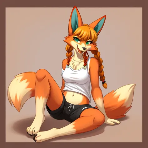 anthropomorphic foxy girl resting on her hind legs at her feet, 1girl, solo, animal ears, breasts, barefoot, fox tail, tail, furry, fox ears, furry female, body fur, green eyes, bangs, open mouth, sitting, wearing black shorts, animal nose, bare shoulders,...