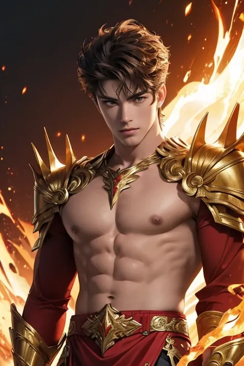 full body photorealistic handsome Hunky man with dragons red and gold light armor, helmet and skirt in saint seiya style, shirtless, full body, best quality, master, realistic face, best quality, Portrait of a boy, realistic 4k, 18k volcanoes with fire eve...