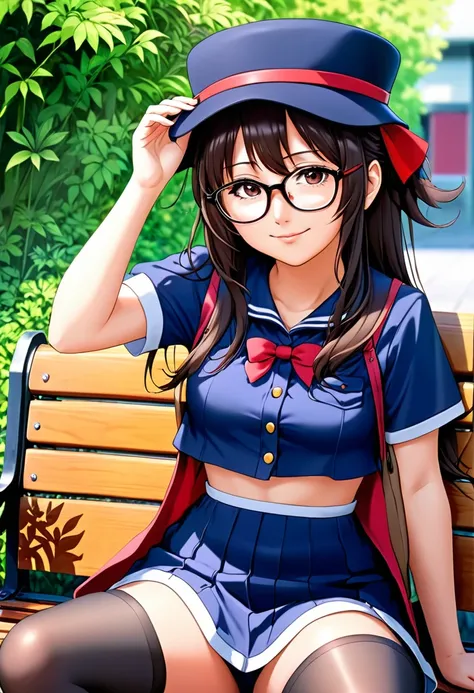 Anime girl with glasses and a hat sitting on a bench, Marin Kitagawa Fanart, Cute girl anime visuals, Misato Katsuragi, As an anime character, Anime Moe Art Style, magic , safebooru anime images, y 2 k cutecore crowncore, Short full body portrait!, megumu ...