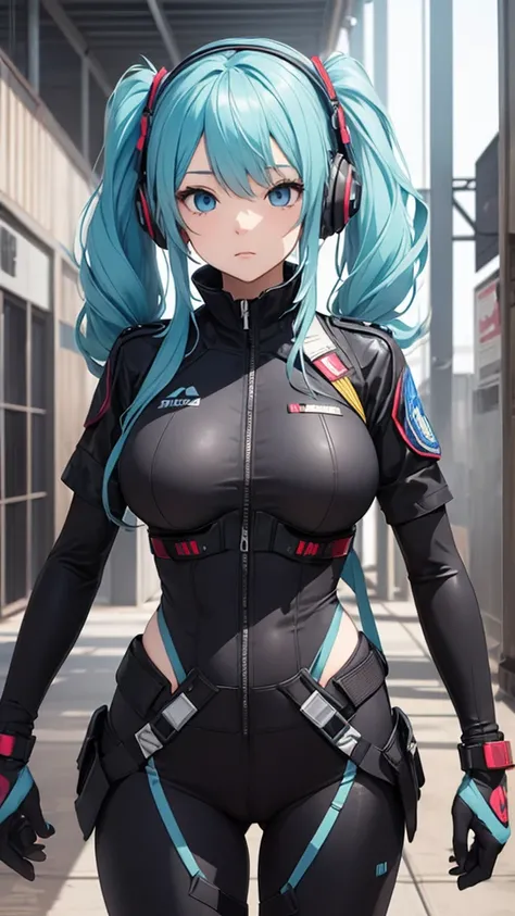 {{{{{masterpiece, best quality, official art, 8k, high resolution illustration}}}}}, hatune miku VOCALOID, twin tails, light blue eyes, light blue hair, big breasts, Generate an image of a cute "2d japanese hand drawn anime style" girl in a smooth curve, m...