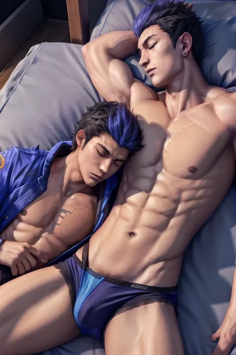 2 guys sleeping together, ((1 guy, yoru valorant), laying in bed, sleeping, shirtless, fully shirtless, jacket, blue underwear),

((1 guy, yoru valorant), laying in bed, tank top, black underwear)