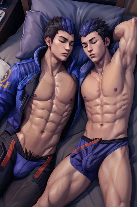 2 guys sleeping together, ((1 guy, yoru valorant), laying in bed, sleeping, shirtless, fully shirtless, jacket, blue underwear),

((1 guy, yoru valorant), laying in bed, tank top, black underwear)