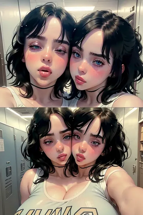 ((masterpiece)), ((best quality)), (detailed), perfect, solo, two-headed billieeilish, a woman, gorgeous woman, luscious lips, black hair, blue eyes, ((extremely detailed eyes)), eyes closing, deep cleavage, sexy, large breasts, (two heads, conjoined_dicep...