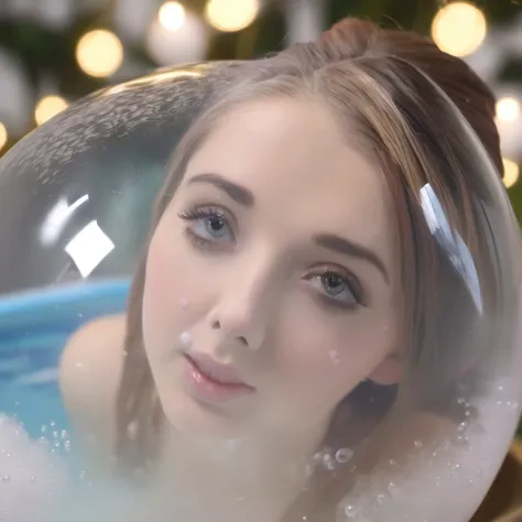 a cute woman is taking a bubble bath inside a snow globe ornament setting upon a table. she has an overly large face and very bi...