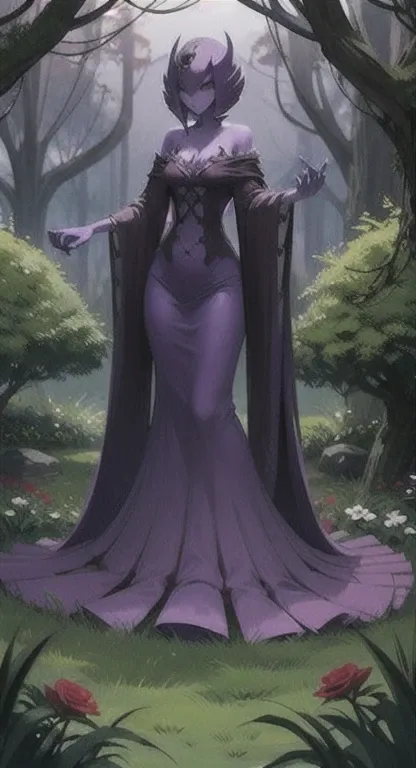 overgrown hell life, ancient one, abandoned garden, mutated, purple rose creature, female spirit, purple skin, gardevoir,