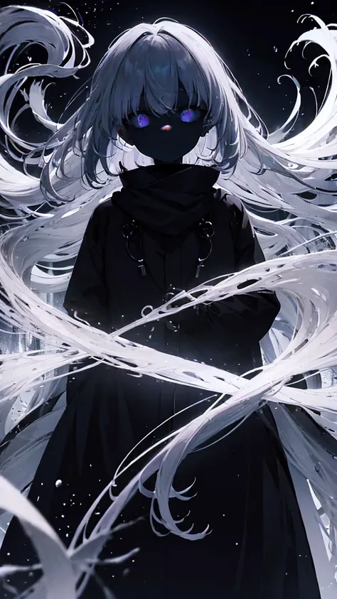 very long white hair、One eye is black、Expressionless、floating girl、Black gradient、Transparent feet、Black and white background、(masterpiece、highest quality)、Short nape hair、1 girl with very short white hair、Black cardigan、Grim expression、Grey Eyes、Warm ligh...