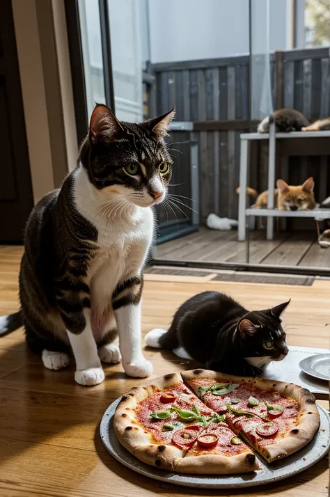 Cats at restaurant. The cat family are going to have dinner, a cat is going to share a pizza with kittens and theyre happy for that.