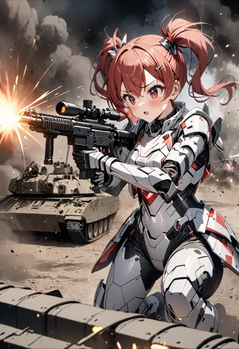 High quality, high definition, hig
h precision images,8k 2 Girl Robot Girl、red hair,Twin tails,Red eyes、 ,( white and gray camouflage clothing ),,she wearing flashy robot armor.Holding a urban camouflage long range rifle,firing at a tank
