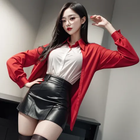 Aesthetic sexy big wet short skirt red shirt black short skirt black stockings long hair glasses hands raised (masterpiece)