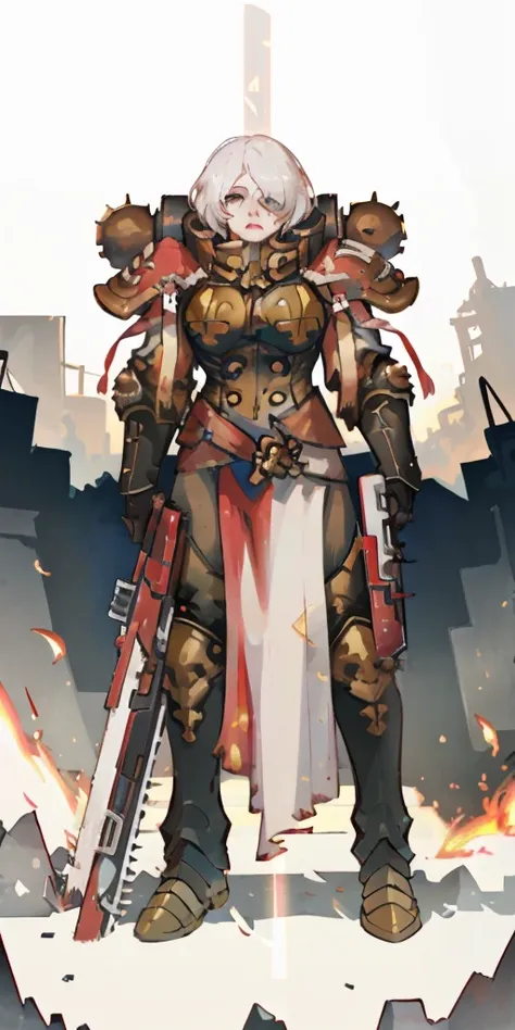 (masterpiece:1.2), (best quality:1.2), perfect eyes, perfect face, perfect lighting, 1girl, mature whsororitas with a laser rifle in her hands, scar over one eye, eyepatch, red tabard, white hair, warhammer 40k, chaos, fire, scifi, detailed ruined city bac...