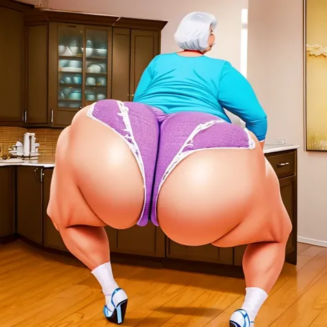 Enormous booty granny wearing booty shorts in kitchen showing off booty for viewer   ,full body , very large bosum ,very large cheeks,very large thighs, very wide hips,largest haunches ever, accentuated curves, ssbbw , showing off enormous booty to viewer,...