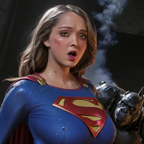 (best quality,4k,highres,masterpiece:1.2),ultra-detailed,realistic,portraits,vivid colors,dramatic lighting,Supergirl,annoyed,tattered uniform,ragged uniform,smoking crater,offended,shocked,alien robot gorilla,rocket Please make sure your output is separat...