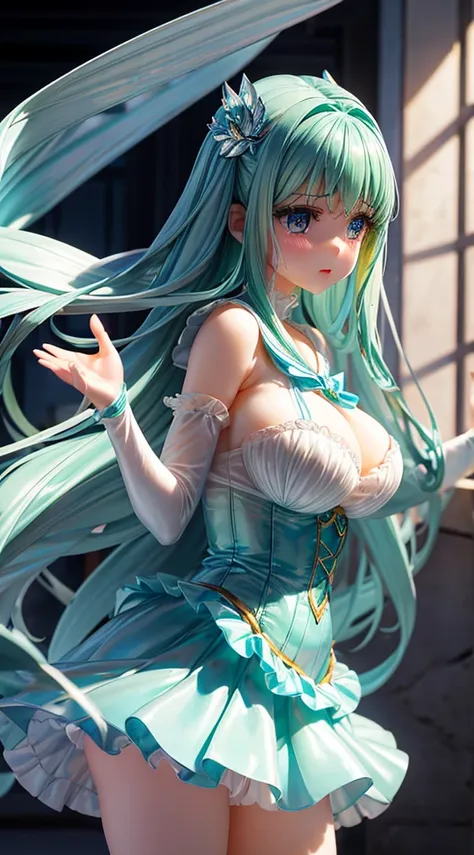 Real View,clear blue shining eyes,shy crying face,very cute cute girl, Constriction,big breasts thin waist,Slim big,light green shiny long hair,Transparent glossy sailor ribbon blouse,Sheer shiny pleated skirt,Embarrassing pose,ring light,Light source from...