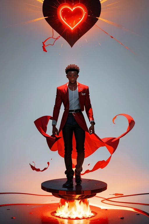 Young black man in red clothes standing on top of a big heart on fire in an empty white room with red smoke on the floor and young man with a ring in his hand 