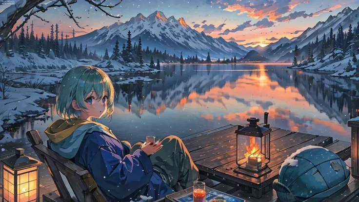 highest quality, masterpiece, Very detailed, Detailed Background, anime, One girl, Young girl, Short girl, kimono, Retro, 富士山のWind景, Outdoor, sunset, Beautiful sky, Picnic on the lake, Wind景, scenery, horizon, Mountain Sitting near the mountain, Wind, aver...