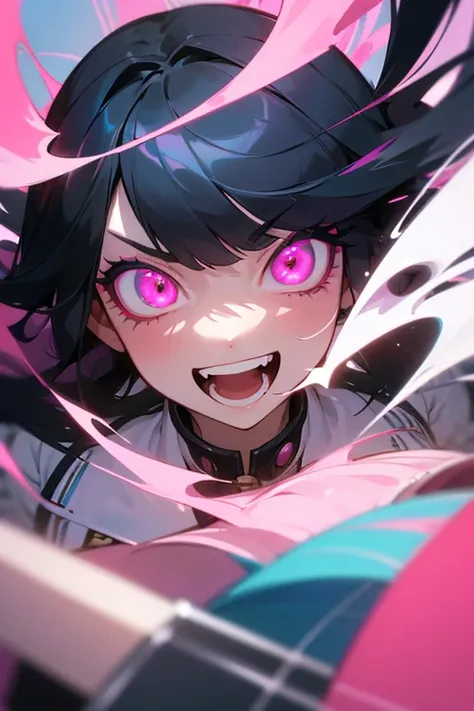 ((best quality)), ((masterpiece)), (detailed), perfect face. girl with long white blue/black hair and vibrant pink eyes. she has a crazy expression. she has a large grin and swirly eyes. bright pink details through. 